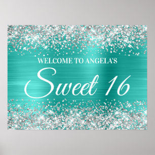 Silver Glitter Turquoise Sweet 16 Welcome Poster