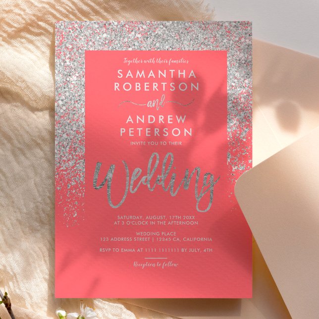 Silver glitter typography coral chic wedding invitation (Creator Uploaded)