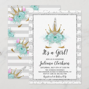Silver Glitter Unicorn Princess Baby Shower Invitation