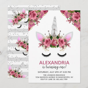 Silver Glitter Unicorn Princess Birthday Invitation