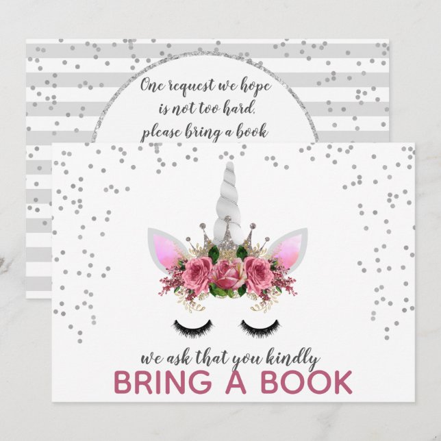 Silver Glitter Unicorn Princess Bring A Book Invitation (Front/Back)