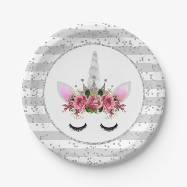 Silver Glitter Unicorn Princess Paper Plate (Front)