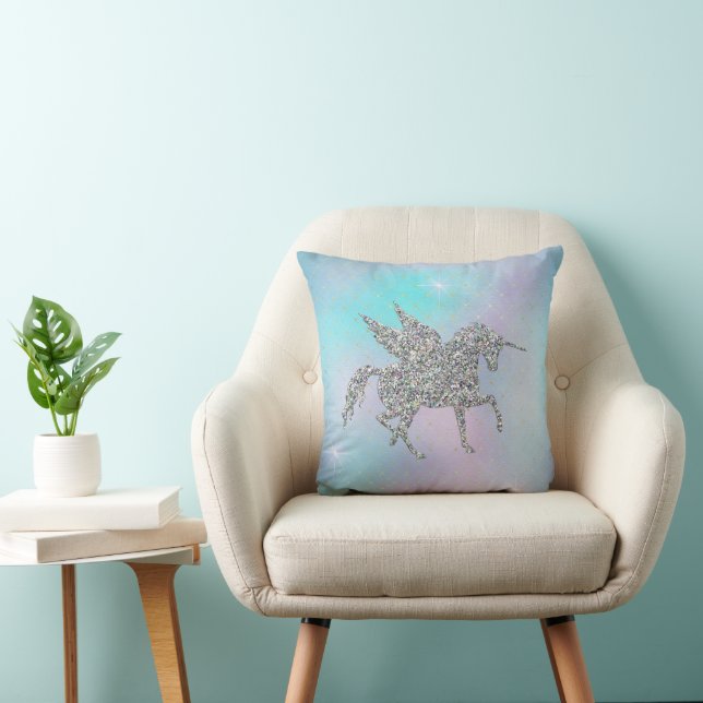 Silver Glitter Unicorns on Pastel Throw Pillow (Chair)