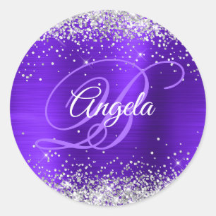 Silver Glitter Violet Fancy Monogram Classic Round Sticker
