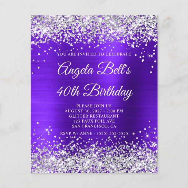 Silver Glitter Violet Indigo 40th Birthday Invite (Front)