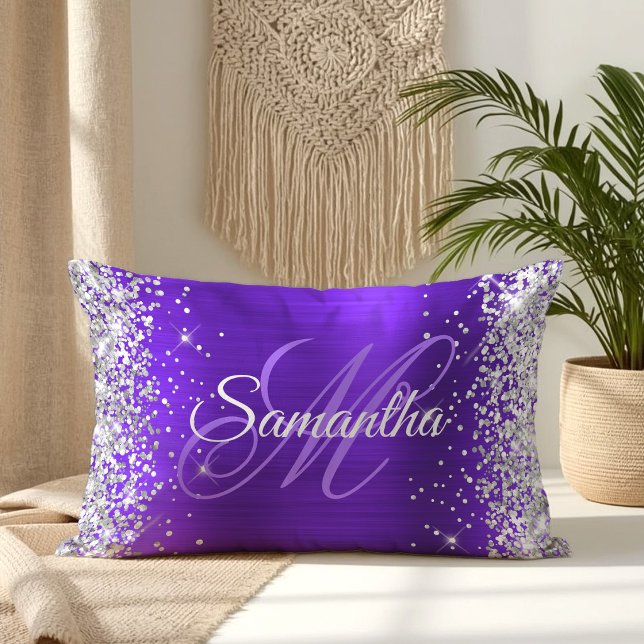 Silver Glitter Violet Indigo Foil Fancy Monogram Lumbar Pillow (Silver Glitter Violet Indigo Foil Fancy Monogram Lumbar Pillow)
