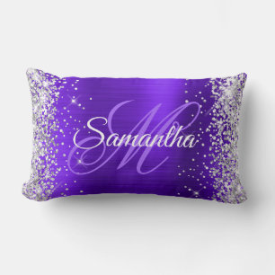 Silver Glitter Violet Indigo Foil Fancy Monogram Lumbar Pillow