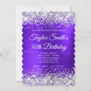 Silver Glitter Violet Monogram 50th Birthday Invitation