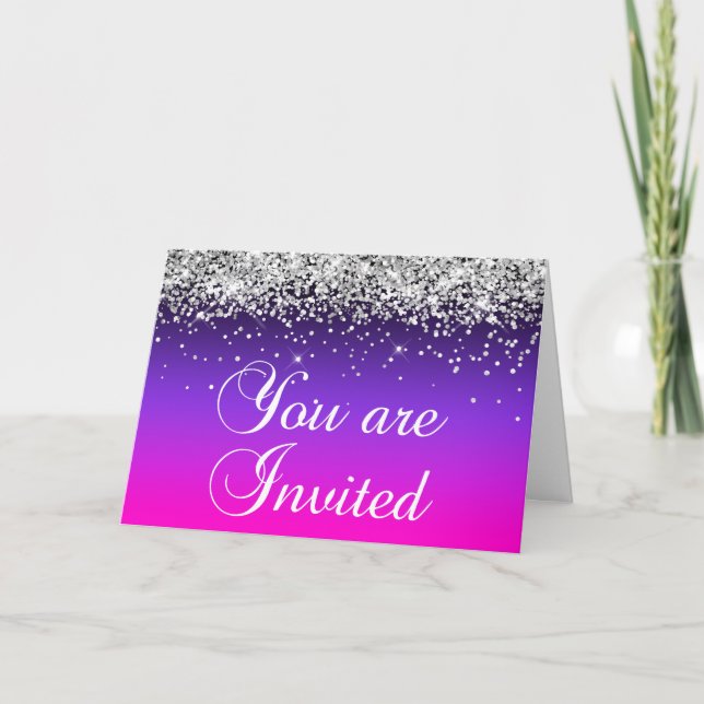 Silver Glitter Violet Pink Ombre You Are Invited Invitation (Front)
