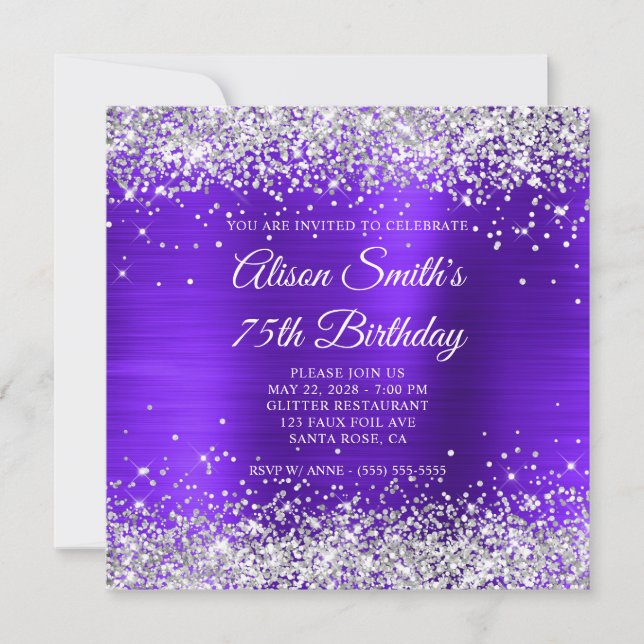 Silver Glitter Violet Purple Fancy 75th Birthday Invitation (Front)