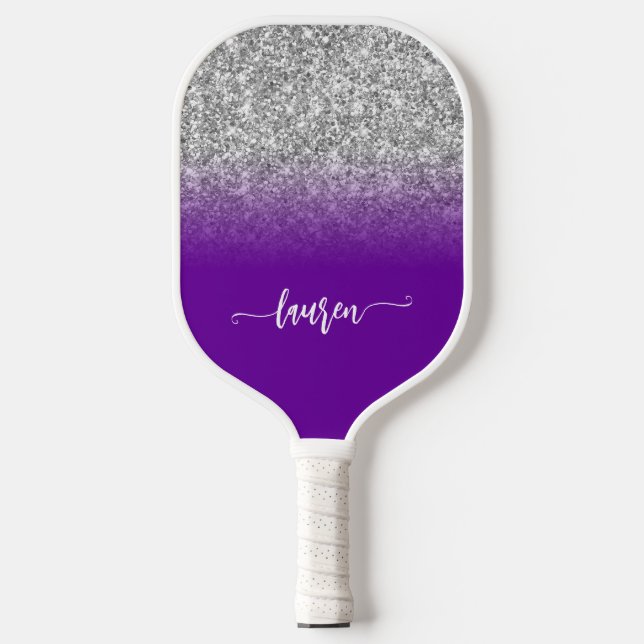 Silver Glitter Violet Purple Ombre Modern Script Pickleball Paddle (Front)