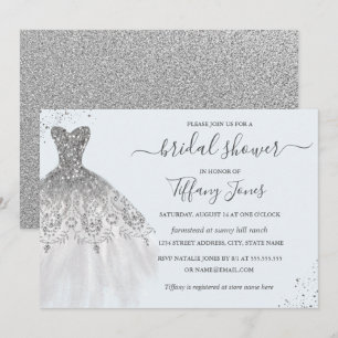 Silver Glitter Wedding Dress Blue Bridal Shower Invitation
