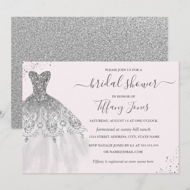 Silver Glitter Wedding Dress Pink Bridal Shower Invitation (Front/Back)