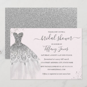 Silver Glitter Wedding Dress Pink Bridal Shower Invitation