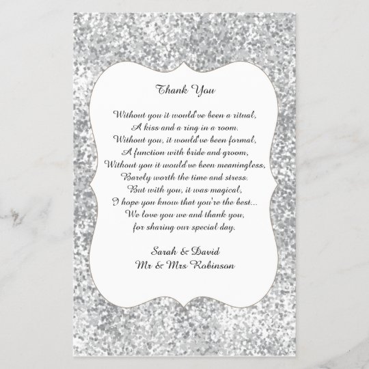 Silver Glitter Wedding Poem Thank You Favour Zazzle Ca