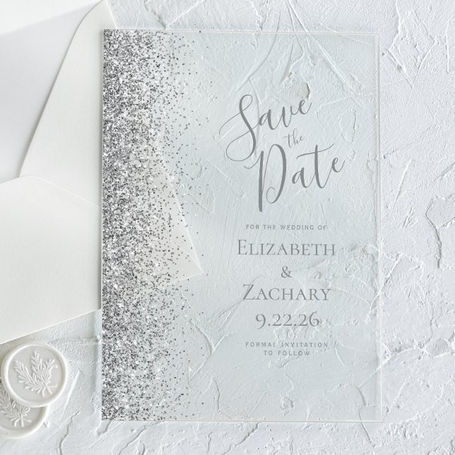 Silver Glitter Wedding Save the Date Acrylic Invitations (Creator Uploaded)