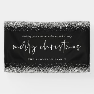 Silver Glitter Welcome Merry Christmas Name Black Banner