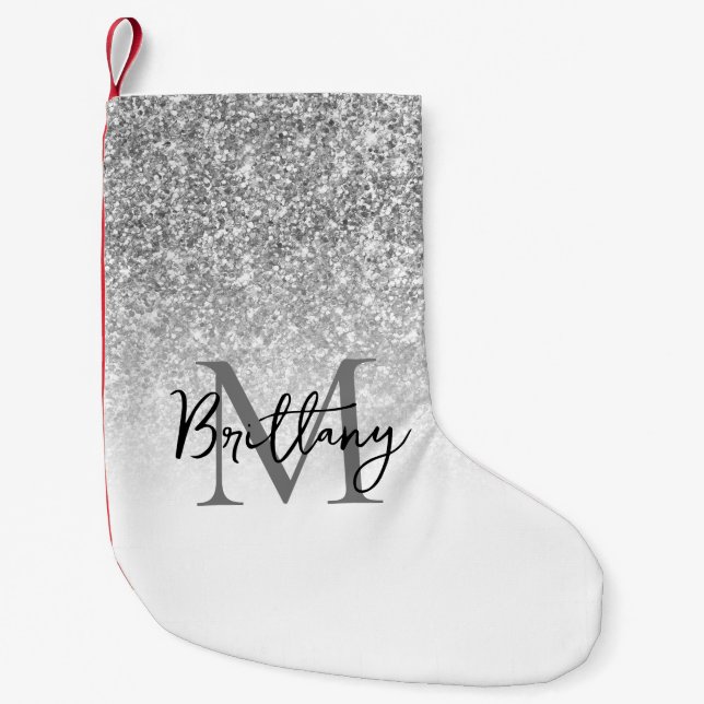 Silver Glitter White Ombre Monogrammed Small Christmas Stocking (Front)