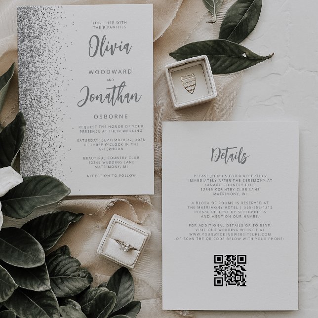 Silver Glitter White Script QR Code Wedding Invitation (Creator Uploaded)