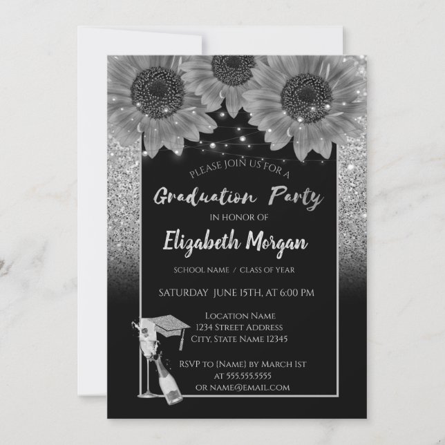 Silver Glitter,Wine,Glass, Sunflowers Invitation (Front)