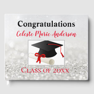 Silver Glitter with Graduation Cap and Diploma Guest Book