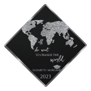 Silver Glitter World Map,Grad Cap Message