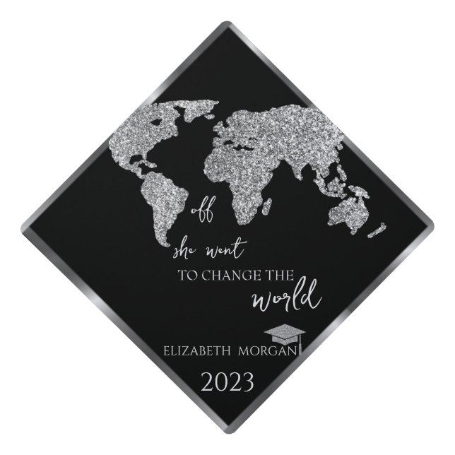 Silver Glitter World Map,Grad Cap Message (Front)