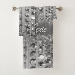 Silver Glittery Beads Personalized  Bath Towel Set