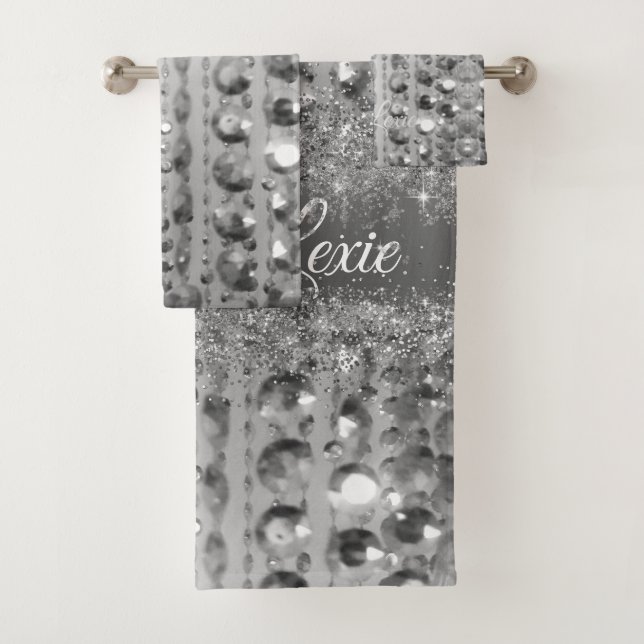 Silver Glittery Beads Personalized  Bath Towel Set (Insitu)