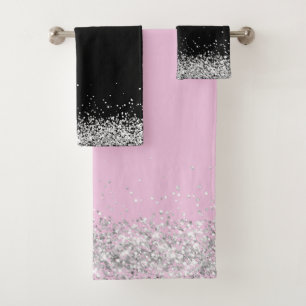 Silver Glittery  Edging on Pink and Black Bath Towel Set