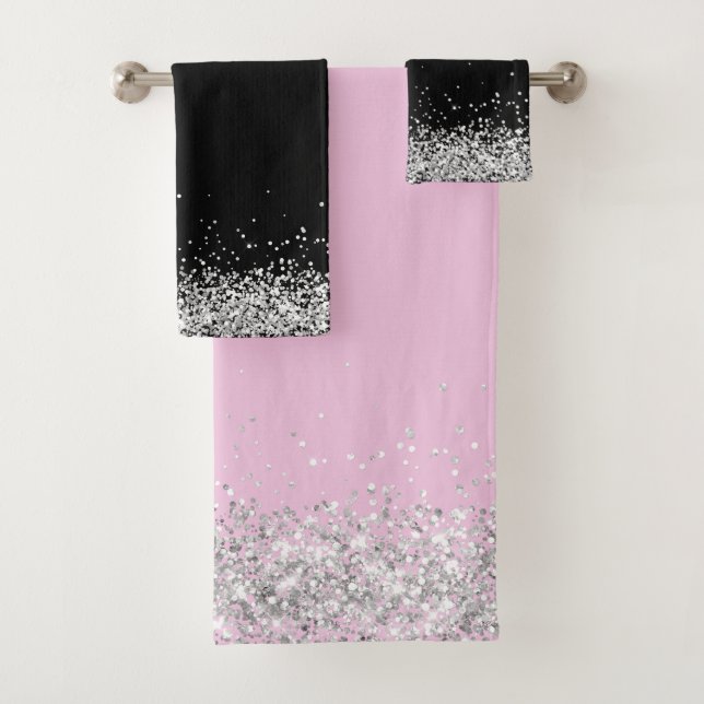 Silver Glittery  Edging on Pink and Black Bath Towel Set (Insitu)
