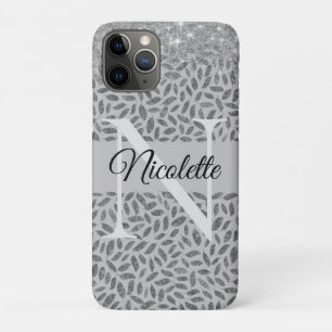 Silver Glittery Feathers Monogram Elegant       iPhone 11 Pro Case