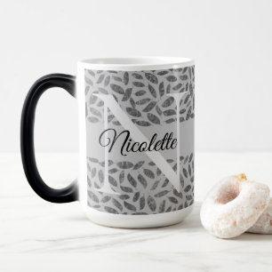 Silver Glittery Feathers Monogram Personalize Magic Mug