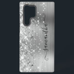 Silver Glittery Foil Girly Signature Samsung Galaxy Case<br><div class="desc">Girly faux sparkling silver glitter highlights on the left edge paired with a silvery grey brushed metal foil digital art design. The modern girly signature features an elegant white calligraphy font with decorative tails in a vertical format. Customize the font styles or move the sparkle graphics to create your own...</div>