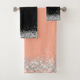 Silver Glittery Glam Edging on Pin and Black Bath Towel Set