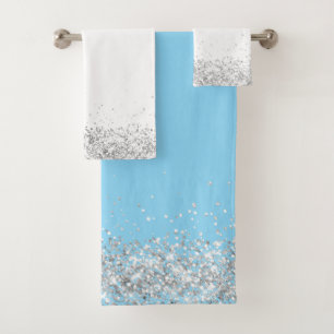 Silver Glittery Glam Edging on White and Teal Bath Towel Set