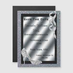Silver Glittery Stiletto & Streamers 20th Birthday Magnetic Invitation