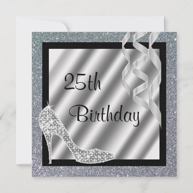 Silver Glittery Stiletto & Streamers 25th Birthday Invitation (Front)