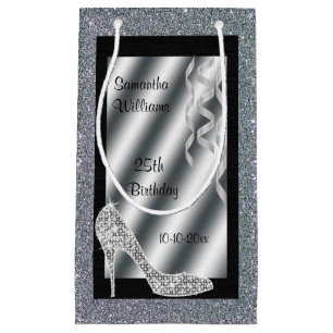 Silver Glittery Stiletto & Streamers 25th Birthday Small Gift Bag