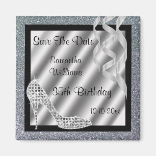 Silver Glittery Stiletto & Streamers 35th Birthday Magnet