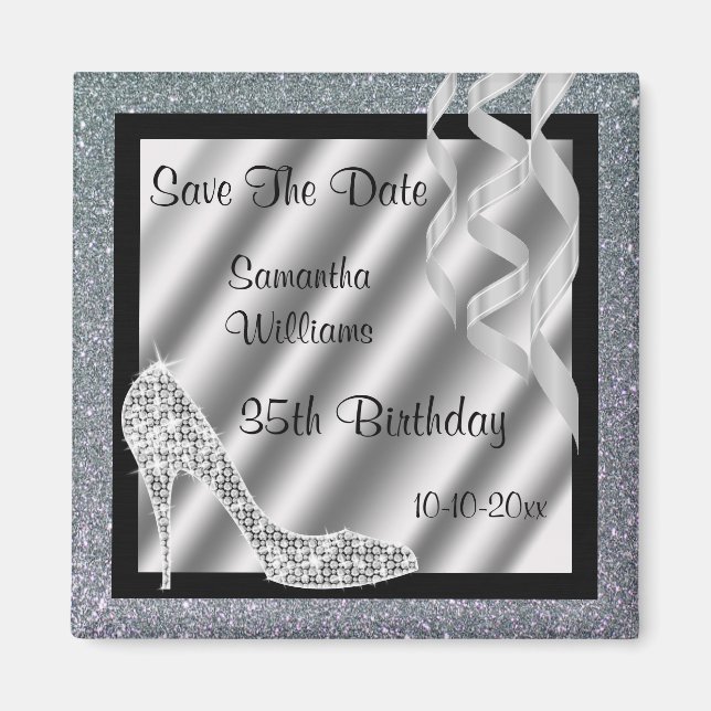 Silver Glittery Stiletto & Streamers 35th Birthday Magnet (Front)