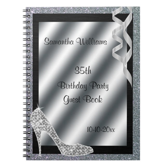 Silver Glittery Stiletto & Streamers 35th Birthday Notebook (Front)