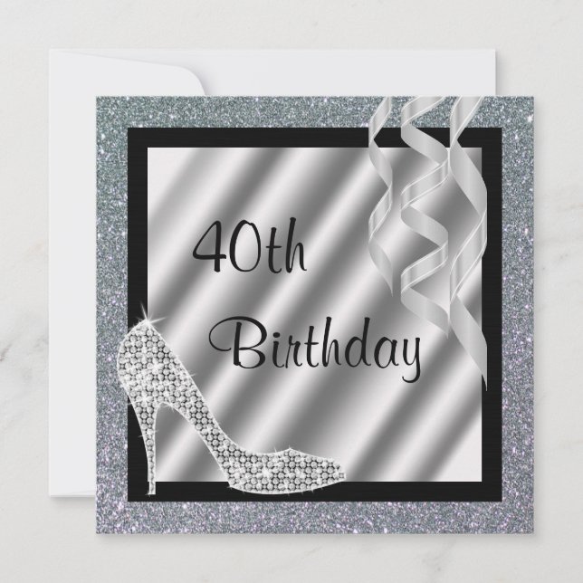 Silver Glittery Stiletto & Streamers 40th Birthday Invitation (Front)