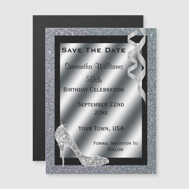 Silver Glittery Stiletto & Streamers 50th Birthday Magnetic Invitation (Front/Back)