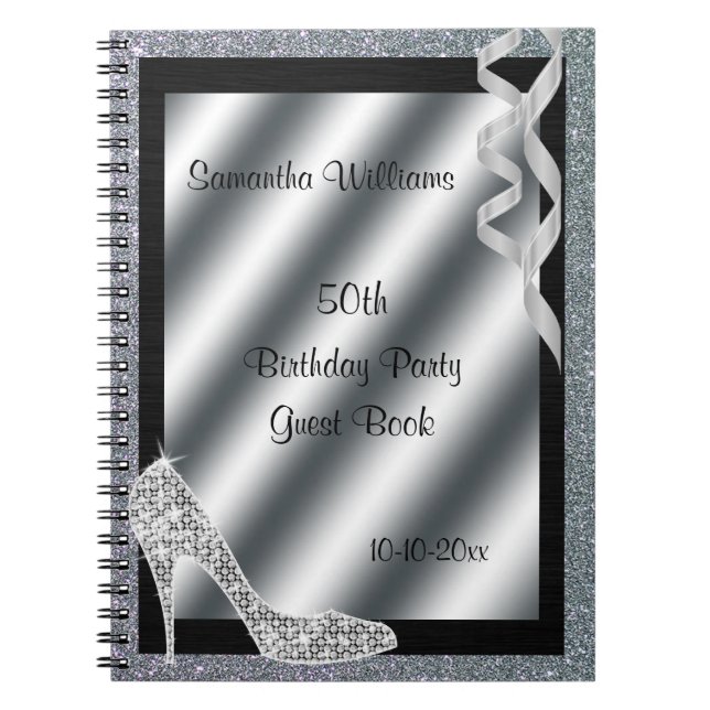 Silver Glittery Stiletto & Streamers 50th Birthday Notebook (Front)