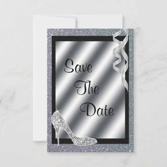 Silver Glittery Stiletto & Streamers 50th Birthday Save The Date (Front)