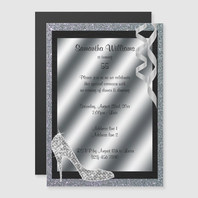 Silver Glittery Stiletto & Streamers 55th Birthday Magnetic Invitation (Front/Back)