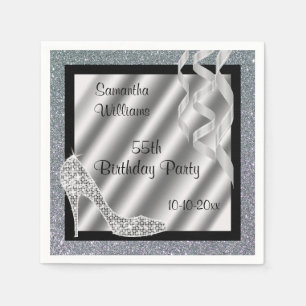 Silver Glittery Stiletto & Streamers 55th Birthday Napkin