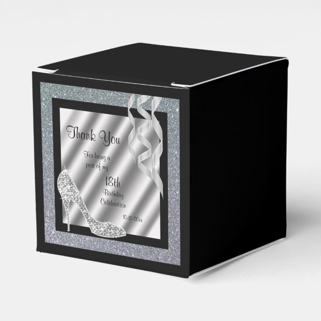 Silver Glittery Stiletto & Streamers  Favor Box (Front Side)