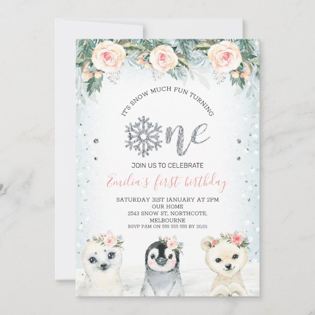 Silver Glittler One Winter Animals 1st Birthday Invitation (Front)